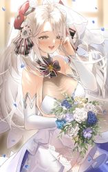 Rule 34 | 1girl, antenna hair, azur lane, bad id, bad pixiv id, bare shoulders, blue flower, blue rose, blush, bouquet, breasts, bridal gauntlets, bridal veil, brown eyes, cleavage, dress, elbow gloves, eyelashes, floating hair, flower, garter straps, gloves, half-closed eyes, hand in own hair, headgear, highres, holding, holding bouquet, large breasts, long hair, looking at viewer, mole, mole on breast, multicolored hair, open mouth, petals, prinz eugen (azur lane), prinz eugen (symphonic fate) (azur lane), ran s200, rose, see-through, silver hair, simple background, smile, streaked hair, swept bangs, two side up, veil, very long hair, wedding dress, white background, white dress, white flower, white rose