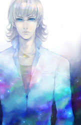 Rule 34 | 10s, 1boy, aqua eyes, bad id, bad pixiv id, barnaby brooks jr., blonde hair, blue eyes, glasses, glowing, glowing eyes, gradient background, hkhkbn, jacket, jewelry, male focus, muted color, necklace, pale color, sakuharu (hkhkbn), solo, tiger &amp; bunny