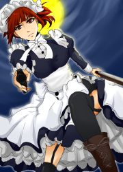 Rule 34 | 1girl, apron, boots, cross-laced footwear, dress, dual wielding, gun, holding, kuroshitsuji, lace-up boots, maid, maid apron, marksman, maylene, red hair, rifle, sniper, solo, thighhighs, weapon