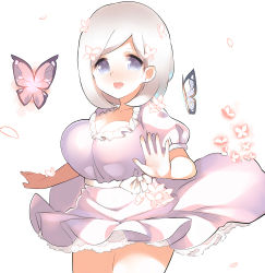 Rule 34 | 1girl, bad id, bad pixiv id, blue eyes, bob cut, breasts, bug, butterfly, cleavage, dress, dskn, bug, large breasts, original, petals, purple dress, short hair, silver hair, solo, wind, wind lift
