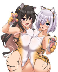 Rule 34 | 2022, 2girls, absurdres, alternate costume, animal ears, animal hands, animal print, ass, black hair, blue eyes, blush, body writing, breast press, breasts, competition swimsuit, covered navel, cowboy shot, fang, fangs, gloves, hair between eyes, hair ornament, hair over one eye, hairclip, hamakaze (kancolle), happy new year, highleg, highleg swimsuit, highres, kantai collection, large breasts, leotard, long hair, looking at viewer, multicolored hair, multiple girls, naganami (kancolle), new year, one-piece swimsuit, open mouth, paw gloves, pink hair, ribbon, short hair, silver hair, simple background, smile, swimsuit, symmetrical docking, tail, tiger ears, tiger print, two-tone hair, wavy hair, yoshi tama