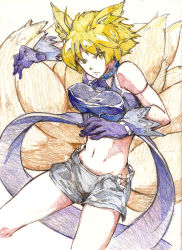 Rule 34 | 1girl, alternate costume, animal ears, bare shoulders, blonde hair, breasts, collar, colored pencil (medium), covered erect nipples, female focus, fox ears, fox tail, gloves, midriff, mtmy, multiple tails, navel, no headwear, no headwear, shorts, solo, tail, touhou, traditional media, yakumo ran, yellow eyes