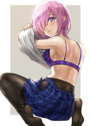 Rule 34 | 1girl, armpits, arms up, ass, back, back focus, bare shoulders, blue skirt, border, bra, breasts, colored eyelashes, commentary, english commentary, fate/grand order, fate (series), feet, from behind, grey background, grey shirt, hair over one eye, highres, light purple hair, looking at viewer, looking back, mash kyrielight, medium breasts, no shoes, open clothes, open skirt, outside border, panties, panties under pantyhose, pantyhose, parted lips, pink lips, plaid, plaid skirt, pleated skirt, purple bra, purple eyes, purple panties, shirt, short hair, shoulder blades, sideboob, simple background, sitting, skirt, soles, solo, thighband pantyhose, toes, tonee, underwear, undressing, wariza, white border