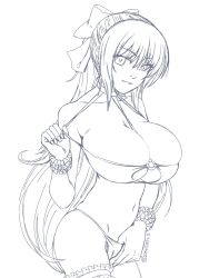 Rule 34 | 1girl, bikini, bow, breasts, commentary, english commentary, hair bow, highres, large breasts, long hair, looking at viewer, monochrome, navel, noihara himari, omamori himari, ponytail, solo, standing, swimsuit, twitter username, very long hair, zehturtle