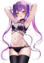 Rule 34 | 1girl, absurdres, armpits, arms behind head, bikini, black bikini, black thighhighs, blush, breasts, frilled bikini, frills, green eyes, highres, hololive, long hair, looking at viewer, medium breasts, navel, neck ribbon, open mouth, pink hair, ribbon, simple background, smile, solo, stomach, swimsuit, thighhighs, thighs, tokoyami towa, twintails, virtual youtuber, white background, ya ta