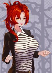 Rule 34 | 1girl, belt, black jacket, breasts, collared shirt, commission, cosplay, hair intakes, honkai (series), honkai impact 3rd, jacket, large breasts, long sleeves, murata himeko, open mouth, red hair, rick astley, rick astley (cosplay), shirt, skeb commission, striped clothes, striped shirt, tablehelpbottle, teeth, upper body, upper teeth only, yellow eyes