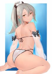 Rule 34 | 1girl, ass, azur lane, back, bare back, bare legs, bare shoulders, barefoot, bikini, black bow, blue background, blush, border, bow, breasts, brown eyes, closed mouth, detached sleeves, drake (azur lane), drake (the golden hind&#039;s respite) (azur lane), from behind, gradient background, hair between eyes, hair ornament, kameponde, long sleeves, looking at viewer, looking back, medium breasts, outside border, ponytail, see-through, sideboob, silver hair, sitting, skindentation, smile, solo, swimsuit, wariza, white bikini, white border