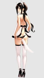 Rule 34 | 1girl, anal tail, animal ears, ass, ass cutout, back, bare shoulders, black eyes, black footwear, black hair, black panties, blood alone, blush, butt crack, butt plug, camisole, cat ears, cat tail, clothing cutout, fake animal ears, fake tail, fangs, flat chest, from behind, full body, high heels, highres, long hair, looking at viewer, looking back, misaki minato, paid reward available, panties, panty pull, parted lips, profile, pulling own clothes, sex toy, simple background, solo, standing, string panties, tail, takano masayuki, thighhighs, twintails, underwear, vampire, white background, white camisole, white thighhighs