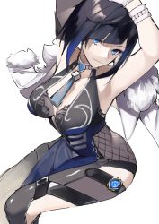Rule 34 | 1girl, absurdres, arm up, beads, black hair, blue eyes, blue hair, breasts, closed mouth, diagonal bangs, dice, ebibi chiriri, fishnets, fur-trimmed jacket, fur trim, genshin impact, highres, invisible chair, jacket, jacket on shoulders, large breasts, looking at viewer, multicolored hair, short hair, simple background, sitting, solo, tassel, vision (genshin impact), white background, white jacket, yelan (genshin impact)