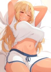 Rule 34 | 1girl, arm behind head, arm up, blonde hair, blush, breasts, dark-skinned female, dark skin, drooling, elf, hair between eyes, highres, hololive, large breasts, long hair, lying, midriff, mouth drool, multicolored hair, navel, on back, on bed, one eye closed, parted lips, pointy ears, red eyes, sen (sen42724788), shiranui flare, shirt, short shorts, shorts, solo, stomach, streaked hair, thick thighs, thighs, underboob, virtual youtuber, waking up, white shirt, white shorts