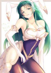 Rule 34 | 1girl, animal ears, black pantyhose, blush, breasts, cecilia (fire emblem), cleavage, cowboy shot, elbow gloves, fake animal ears, fire emblem, fire emblem: the binding blade, fire emblem heroes, gloves, green eyes, green hair, large breasts, leotard, long hair, naughty face, nintendo, oka (umanihiki), pantyhose, playboy bunny, rabbit ears, simple background, smile, solo, strapless, white background, white gloves