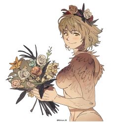 Rule 34 | 1girl, blonde hair, bouquet, breasts, dungeon meshi, falin touden, falin touden (chimera), feathers, flower, head wreath, highres, holding, holding bouquet, kimsun 28, light blush, medium breasts, nude, second-party source, short hair, smile, spoilers, upper body, white background, yellow eyes