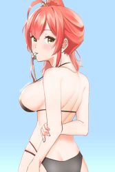 Rule 34 | 1girl, ahoge, ass, azur lane, bikini, black bikini, blowing whistle, blue background, blush, breasts, brown eyes, butt crack, commentary request, cowboy shot, from behind, large breasts, long hair, looking at viewer, looking back, multi-strapped bikini, red hair, side ponytail, sideboob, skeptycally, solo, swimsuit, whistle, whistle around neck, zara (azur lane), zara (poolside coincidence) (azur lane)