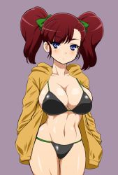Rule 34 | 1girl, arms at sides, bakusou kyoudai let&#039;s &amp; go!!, bakusou kyoudai let&#039;s &amp; go!! max, bakusou kyoudai let&rsquo;s &amp; go max, bikini, bikini under clothes, black bikini, blue eyes, blush, bow, breasts, cleavage, collarbone, cowboy shot, curvy, eyebrows, female focus, green bow, grey background, hair bow, hair ornament, hair ribbon, hip focus, hokuto (tokuho), hood, hood down, hooded jacket, jacket, large breasts, legs together, long hair, long sleeves, looking at viewer, navel, oogami marina, open clothes, open jacket, parted lips, red hair, ribbon, shiny skin, short twintails, sideboob, simple background, skindentation, solo, standing, string bikini, swimsuit, thigh gap, thighs, toned, twintails, yellow jacket
