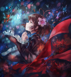 Rule 34 | 10s, 1girl, azomo, blue ribbon, blurry, bokeh, brown hair, bug, butterfly, choker, depth of field, artistic error, eyelashes, floral print, flower, frilled sleeves, frills, from side, glowing butterfly, highres, insect, japanese clothes, kimono, koutetsujou no kabaneri, lens flare, looking up, mumei (kabaneri), obi, orange eyes, parted lips, petals, profile, red flower, ribbon, ribbon choker, sash, short hair, solo, spider lily, topknot, upper body, wide sleeves, wind, wrong hand
