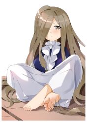 Rule 34 | 1girl, absurdres, barefoot, blush, bow, brown eyes, brown hair, chashuwu, chinese commentary, commentary request, dress, hair over one eye, highres, long bangs, long hair, on floor, sense (sousou no frieren), sitting, soles, solo, sousou no frieren, toes, very long hair, white bow, white dress