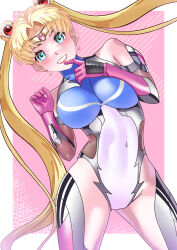 Rule 34 | 1girl, absurdres, arion canvas, bishoujo senshi sailor moon, blonde hair, blue eyes, blush, bodysuit, breasts, commentary request, covered navel, finger to own chin, gloves, grin, hands up, highres, large breasts, long hair, looking at viewer, magical girl, red lips, sailor moon, skin tight, smile, solo, taimanin suit, tsukino usagi, twintails