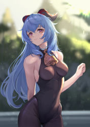 Rule 34 | 1girl, absurdres, alternate hairstyle, bell, black pantyhose, bld zi, blue hair, blurry, blush, bodystocking, bodysuit, breasts, covered navel, depth of field, ganyu (genshin impact), genshin impact, highres, horns, leotard, leotard under clothes, long hair, looking at viewer, medium breasts, multicolored eyes, neck bell, no gloves, pantyhose, sidelocks, sleeveless, smile, solo, standing, thigh gap, very long hair