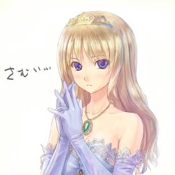 Rule 34 | 1girl, 400, bare shoulders, blonde hair, dress, elbow gloves, gloves, jewelry, lowres, necklace, original, purple eyes, simple background, solo, tiara, white background