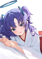 Rule 34 | 1girl, absurdres, alternate costume, blue archive, blue eyes, blush, hakama, halo, highres, japanese clothes, kosode, looking at viewer, lying, miko, on side, purple hair, red hakama, rei (ilust9999), simple background, smile, solo, two side up, white background, yuuka (blue archive)