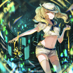 Rule 34 | 1girl, aili (aliceandoz), anchor symbol, belt, blonde hair, blue neckerchief, breasts, chinese commentary, commentary request, cowboy shot, crop top, groin, hair between eyes, hair over one eye, hand up, hat, highres, hourglass, kitashirakawa chiyuri, light particles, long hair, looking at viewer, medium breasts, midriff, navel, neckerchief, peaked cap, sailor collar, sailor hat, sailor shirt, sand, shirt, short shorts, short sleeves, shorts, skindentation, smile, solo, standing, stomach, thighhighs, thighs, touhou, touhou (pc-98), twintails, weibo logo, weibo watermark, white hat, white shirt, white shorts, yellow eyes