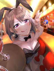 Rule 34 | 1girl, :p, animal ears, bare shoulders, black leotard, blue hair, blurry, blush, breasts, brown hair, bunny day, cleavage, cup, detached collar, drinking glass, dutch angle, fake animal ears, leotard, looking at viewer, love live!, love live! nijigasaki high school idol club, moedomura, nakasu kasumi, pantyhose, playboy bunny, rabbit ears, red eyes, shaded face, small breasts, solo, swept bangs, thighs, tongue, tongue out, tray, v, wine glass