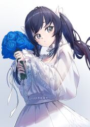 Rule 34 | 1girl, :/, absurdres, armillarphere v, black hair, blue eyes, blue flower, bouquet, bow, brooch, closed mouth, cowboy shot, detached collar, dress, flower, glint, hair bow, highres, holding, holding bouquet, jewelry, long hair, long sleeves, looking at viewer, nijisanji, pleated dress, ponto nei, see-through, see-through sleeves, sidelocks, simple background, solo, swept bangs, twintails, virtual youtuber, white background, white bow, white dress