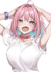Rule 34 | 1girl, ahoge, animal collar, arms up, blue hair, breasts, collar, colored inner hair, commentary, crying, crying with eyes open, earrings, egg vibrator, fang, hair intakes, hands on own head, haruyuki (gffewuoutgblubh), heart-shaped lock, highres, idolmaster, idolmaster cinderella girls, jewelry, large breasts, looking at viewer, multicolored hair, open mouth, pink eyes, pink hair, red collar, sex toy, shirt, short hair, short sleeves, solo, t-shirt, tears, twitter username, upper body, vibrator, white shirt, yumemi riamu