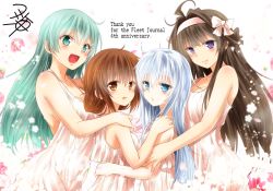 Rule 34 | 4girls, :d, ahoge, alternate costume, bare shoulders, black hair, blue eyes, blush, breasts, brown eyes, brown hair, cleavage, commentary request, double bun, dress, english text, engrish text, folded ponytail, green eyes, green hair, hair ornament, hairband, hairclip, height difference, hibiki (kancolle), hug, hug from behind, inazuma (kancolle), kantai collection, kongou (kancolle), large breasts, long hair, looking at viewer, medium breasts, multiple girls, open mouth, petals, purple eyes, ranguage, signature, smile, suzuya (kancolle), white dress, white hair, yua (checkmate)