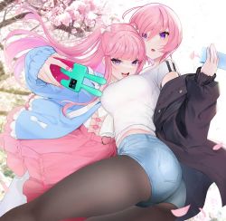 Rule 34 | 2girls, :d, black pantyhose, bow, breasts, cellphone, cherry blossoms, foreshortening, holding, holding phone, jacket, kokouno oyazi, large breasts, long hair, long sleeves, multiple girls, open mouth, original, pantyhose, petals, phone, pink hair, purple eyes, selfie, shirt, short hair, short shorts, short sleeves, shorts, skirt, smartphone, smile, thighs, tree, upper body, white bow