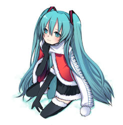 Rule 34 | 1girl, bad id, bad pixiv id, black gloves, black thighhighs, blue eyes, blue hair, full body, fur trim, gloves, harano, hatsune miku, long hair, matching hair/eyes, pom pom (clothes), scarf, sitting, sketch, skirt, smile, solo, thighhighs, twintails, vocaloid, white background, white scarf, zettai ryouiki