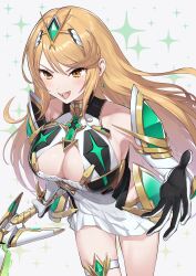 Rule 34 | 1girl, absurdres, blonde hair, breasts, cleavage, cleavage cutout, clothing cutout, green322, highres, large breasts, long hair, mythra (xenoblade), revision, simple background, solo, very long hair, xenoblade chronicles (series), xenoblade chronicles 2, yellow eyes