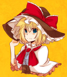 Rule 34 | 1girl, adapted costume, alice margatroid, black dress, blonde hair, blue eyes, blush, borrowed clothes, capelet, cosplay, dress, female focus, hand on headwear, hat, hat ribbon, kirisame marisa, kirisame marisa (cosplay), looking at viewer, ribbon, short hair, solo, touhou, upper body, witch, witch hat, yuuta (monochrome)