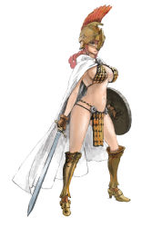 Rule 34 | 1girl, armor, armored boots, bad id, bad pixiv id, bikini armor, boots, breasts, cape, full body, gladiator, gloves, helmet, iwauchi tomoki, large breasts, long hair, navel, one piece, pelvic curtain, pink hair, rebecca (one piece), shield, simple background, solo, sword, weapon, white background