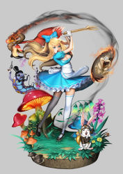 Rule 34 | 1girl, absurdres, alice (alice in wonderland), alice in wonderland, apron, bird, blonde hair, blue eyes, bow, breasts, caterpillar, caterpillar (alice in wonderland), cleavage, dress, faux figurine, flamingo, golf, grey background, gun, hair bow, handgun, hat, highres, hookah, long hair, medium breasts, mushroom, open mouth, revolver, silvester, simple background, sunglasses, thighhighs, top hat, weapon, white rabbit (alice in wonderland), white thighhighs