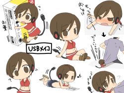 Rule 34 | ?, blush, brown hair, chibi, drunk, hair slicked back, meiko (vocaloid), mini person, minigirl, miniskirt, multiple views, musical note, oharu, pulling another&#039;s clothes, simple background, skirt, stomach, translation request, usb, v-shaped eyebrows, vocaloid, white background