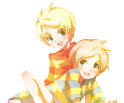 Rule 34 | 2boys, blonde hair, blue eyes, brown hair, claus (mother 3), lucas (mother 3), male focus, mother (game), mother 3, multiple boys, nintendo, shirt, siblings, smile, striped clothes, striped shirt, twins