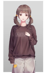 Rule 34 | 1girl, :|, bad id, bad pixiv id, black shirt, brown eyes, brown hair, closed mouth, clothes writing, cowboy shot, ginkgo leaf, ginkgo tree, gradient background, grey background, hair bobbles, hair ornament, highres, leaf, long sleeves, looking at viewer, medium hair, original, outside border, shirt, short twintails, solo, soyubee, twintails, twitter username