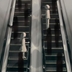 Rule 34 | 1boy, 1girl, avogado6, commentary request, dress, escalator, hand on railing, long sleeves, looking at another, medium hair, original, short hair, social commentary, standing, tagme
