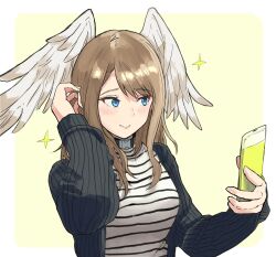 Rule 34 | 1girl, blue eyes, blush, brown hair, cellphone, choker, commentary request, eunie (xenoblade), head wings, highres, jacket, long hair, medium hair, phone, simple background, smile, solo, white wings, wings, xenoblade chronicles (series), xenoblade chronicles 3, yamame 012