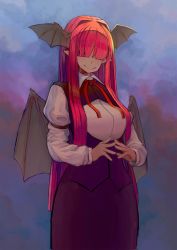 Rule 34 | bat wings, blouse, breasts, commentary, demon girl, dress shirt, fingers together, framed breasts, hair over eyes, head wings, hideo0605, highres, koakuma, large breasts, long bangs, long hair, long sleeves, looking at viewer, red eyes, red hair, red neckwear, red ribbon, ribbon, shirt, smile, solo, touhou, very long hair, vest, white shirt, wings