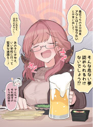 Rule 34 | 2girls, absurdres, aged up, alcohol, aru (blue archive), beer, blue archive, blush, demon horns, glasses, halo, highres, horns, long hair, momonosuke (u-ma991028), multiple girls, mutsuki (blue archive), red hair, sweater, swept bangs, translation request, white hair