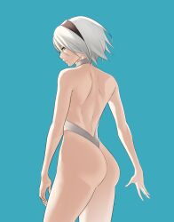 1girl 2b_(nier:automata) ass back bare_back black_hairband blue_background cowboy_shot from_behind grey_hair grey_slingshot_swimsuit hairband highres huge_ass looking_at_viewer looking_back nier:automata nier_(series) pomelomelon short_hair simple_background slingshot_swimsuit solo swimsuit thighs