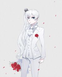 Rule 34 | 1girl, blue eyes, boutonniere, flower, formal, kuma (bloodycolor), long hair, petals, ponytail, red flower, red rose, rose, rwby, scar, scar across eye, scar on face, solo, suit, tuxedo, very long hair, weiss schnee, white hair