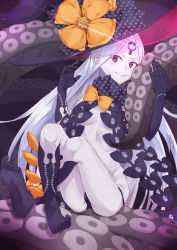 Rule 34 | abigail williams (fate), abigail williams (third ascension) (fate), absurdres, black bow, black dress, black footwear, black gloves, black hat, black legwear, black panties, bow, bow legwear, breasts, dress, fate/grand order, fate (series), gloves, glowing, glowing eye, grey hair, grin, hat, hat bow, highres, keyhole, long hair, looking at viewer, orange bow, pale skin, panties, pixiv fate/grand order contest 2, purple eyes, revealing clothes, sitting, skull print, small breasts, smile, solo, star (symbol), star print, suction cups, teeth, tentacles, third eye, topless, underwear, very long hair, witch hat