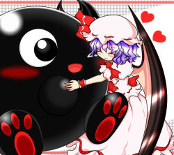 Rule 34 | 1girl, 1other, bat wings, blush, border, checkered background, closed eyes, creature, crossover, demon wings, fang, fang out, feet out of frame, fernandez, fingernails, hat, hat ribbon, heart, hiiragisphere, hug, light purple hair, m.u.g.e.n, mob cap, nail polish, one eye closed, puffy short sleeves, puffy sleeves, red nails, remilia scarlet, ribbon, sharp fingernails, short hair, short sleeves, simple background, skirt, skirt set, smile, touhou, waku waku 7, white background, wings, wink, wrist cuffs