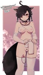Rule 34 | 1girl, ahoge, animal ears, bar censor, black choker, blush, border, breasts, brown eyes, brown hair, cat ears, cat tail, censored, choker, cleft of venus, closed mouth, clothes lift, commission, covered erect nipples, female pubic hair, hair ornament, heart-shaped lock, highres, lamb-oic029, large breasts, looking at viewer, mole, mole under eye, nail polish, nipples, object insertion, original, pelvic curtain, pelvic curtain lift, pubic hair, pussy, sex toy, short hair, signature, skeb commission, sling bikini top, smile, solo, tail, thank you, thighhighs, vaginal, vaginal object insertion, vibrator, vibrator in thighhighs, white border