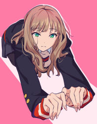 Rule 34 | 1girl, black jacket, black pantyhose, brown hair, collared shirt, green eyes, grey skirt, gridman universe, highres, jacket, kneeling, layered clothes, long hair, long sleeves, looking at viewer, minami yume, open clothes, open jacket, oreki (o reki ), pantyhose, pink background, pleated skirt, shirt, skirt, sleeves past wrists, solo, ssss.dynazenon, two-tone background, white shirt