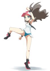 Rule 34 | 1girl, :o, absurdres, arm up, asamaru1225, baseball cap, black footwear, black vest, black wristband, boots, brown hair, clenched hands, creatures (company), eyelashes, full body, game freak, green eyes, hat, high ponytail, highres, hilda (pokemon), knees, leg up, long hair, nintendo, open clothes, open mouth, open vest, parted lips, pokemon, pokemon bw, shirt, shorts, sidelocks, socks, solo, standing, standing on one leg, vest, white background, white hat, white shirt