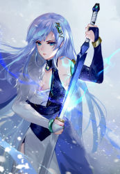 Rule 34 | 1girl, absurdres, asymmetrical gloves, asymmetrical sleeves, bare shoulders, black collar, blue eyes, blue hair, bracelet, breasts, bridal gauntlets, character request, chinese clothes, cleavage, closed mouth, collar, detached sleeves, dress, gloves, hair ornament, highres, holding, holding sword, holding weapon, jewelry, katana, large breasts, long hair, looking at viewer, shipotianjing, solo, sword, uneven gloves, uneven sleeves, vardan, very long hair, weapon, white dress